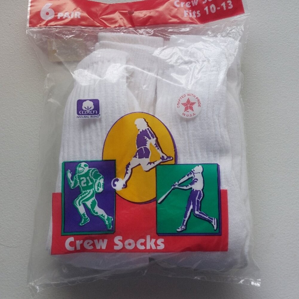 VINTAGE Cotton Crew Socks 6 PAIR White Sz 10-13 Made in USA Mens Sports Socks